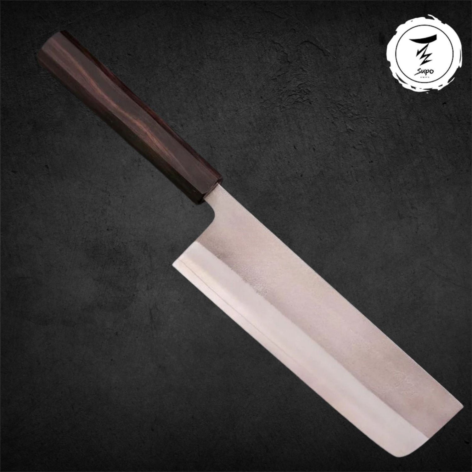 165mm Nakiri Knife featuring a SKD11 Steel Core, finished with a rustic Nashiji texture, and fitted with a premium Ebony wood handle.