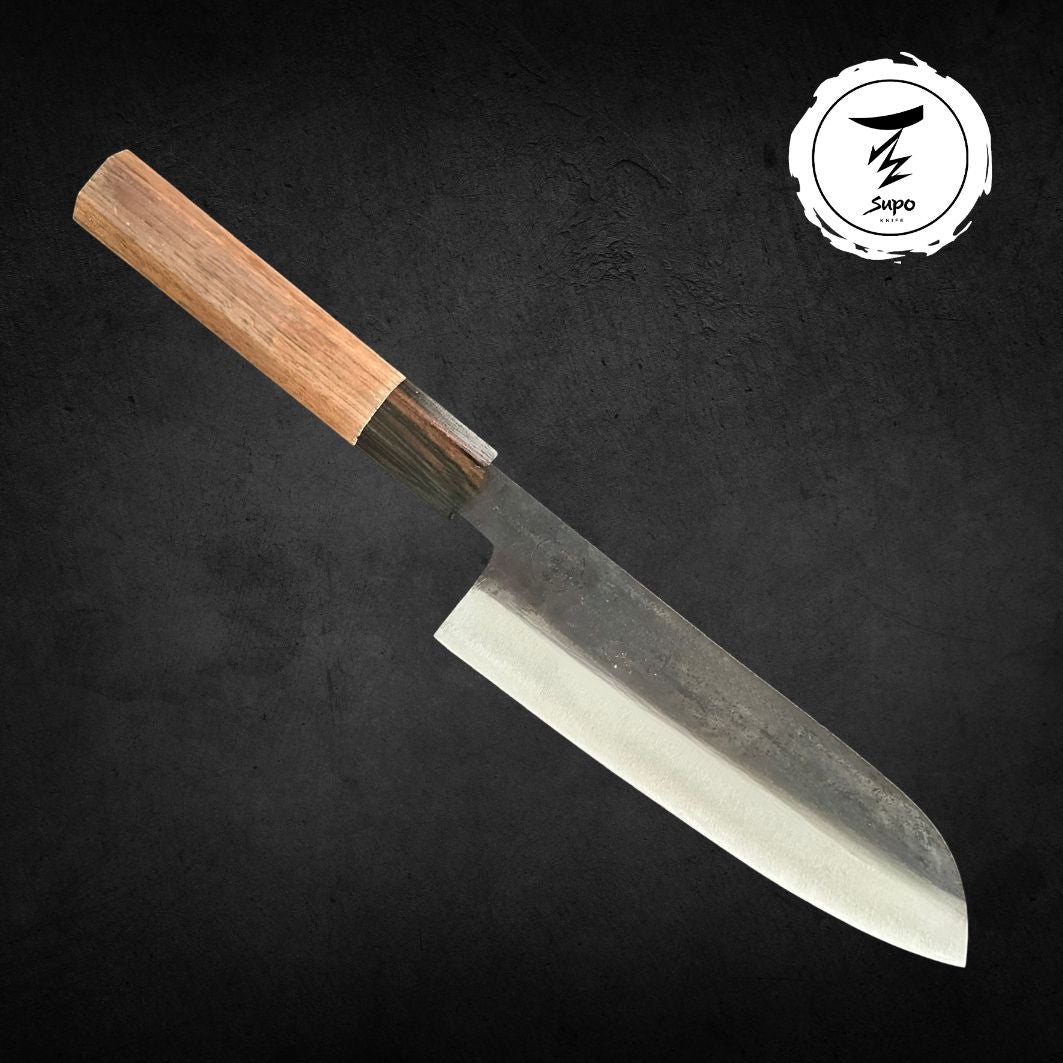 Santoku Knife Blue Steel Kurouchi Natural Wooden Handle