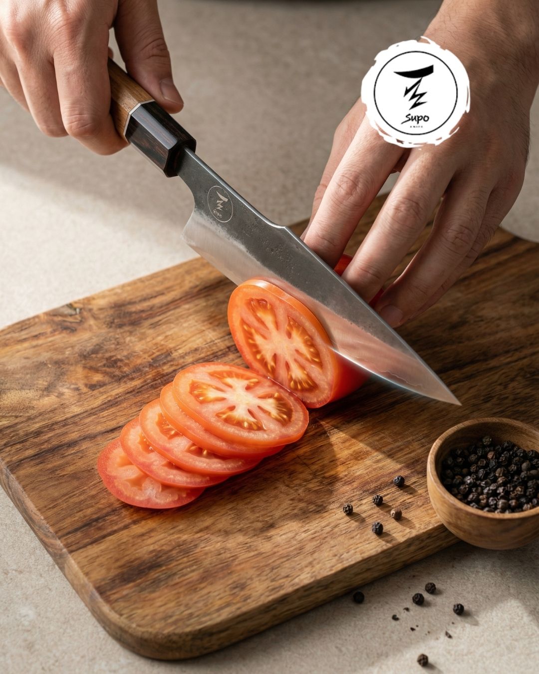 Hand-forged Japanese style blue carbon steel knife by Supo Knife