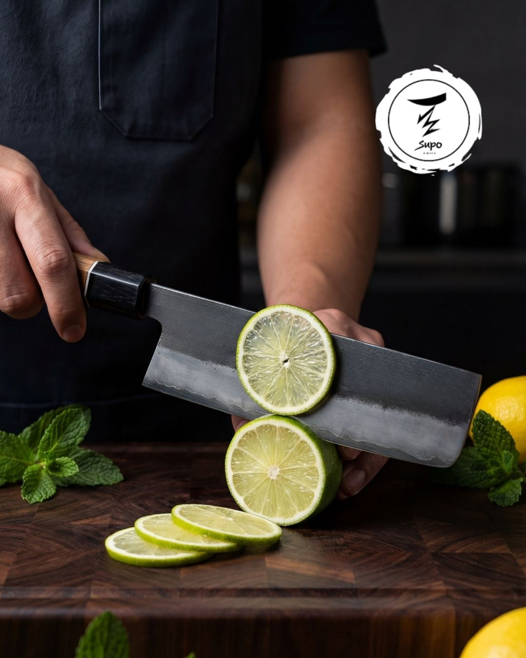 Using a Supo Nakiri knife to chop vegetables on a wooden board.
