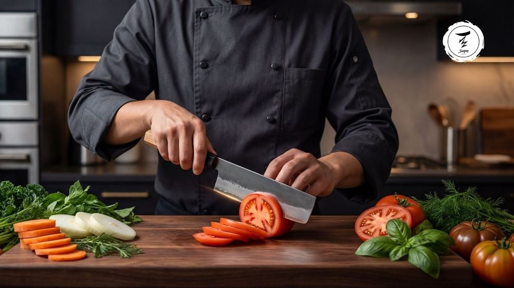 A chef demonstrating nakiri knife use on fresh vegetables with a Supo Nakiri blade.