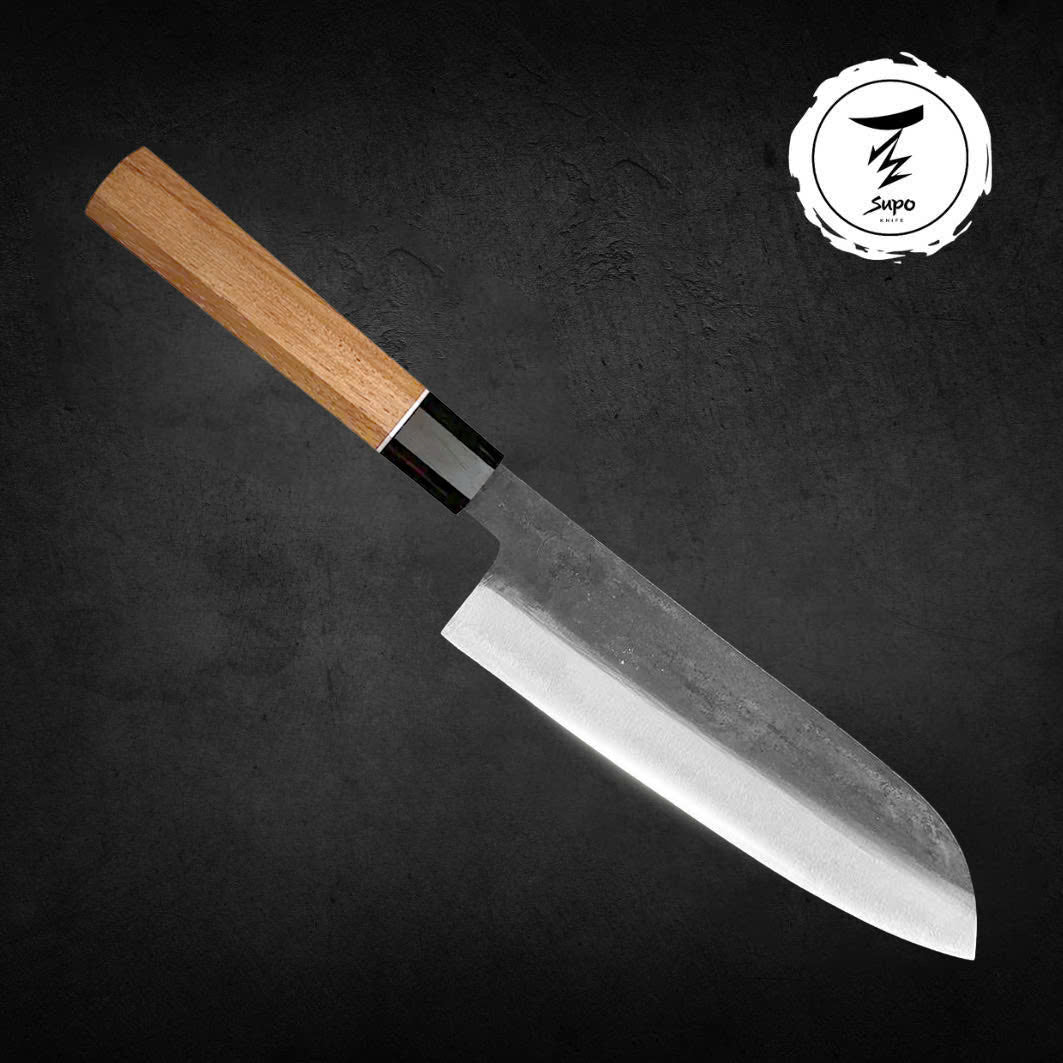 7-Inch Santoku Knife, Blue Steel, Natural Hardwood Handle
