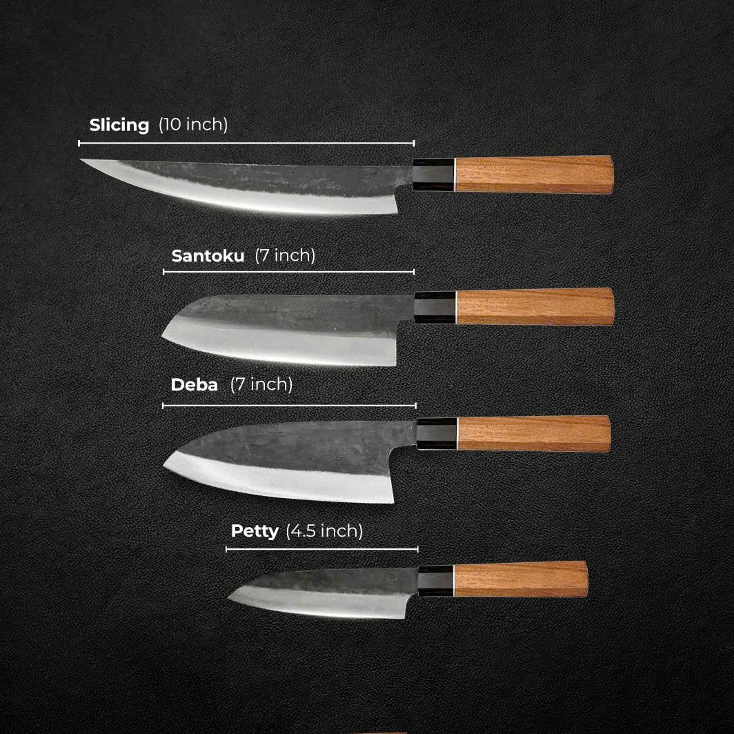 4-Piece Essential Kitchen Knife Set, Hand-Forged Blue Steel Knives (Sujihiki/Slicing, Santoku, Deba, Petty)