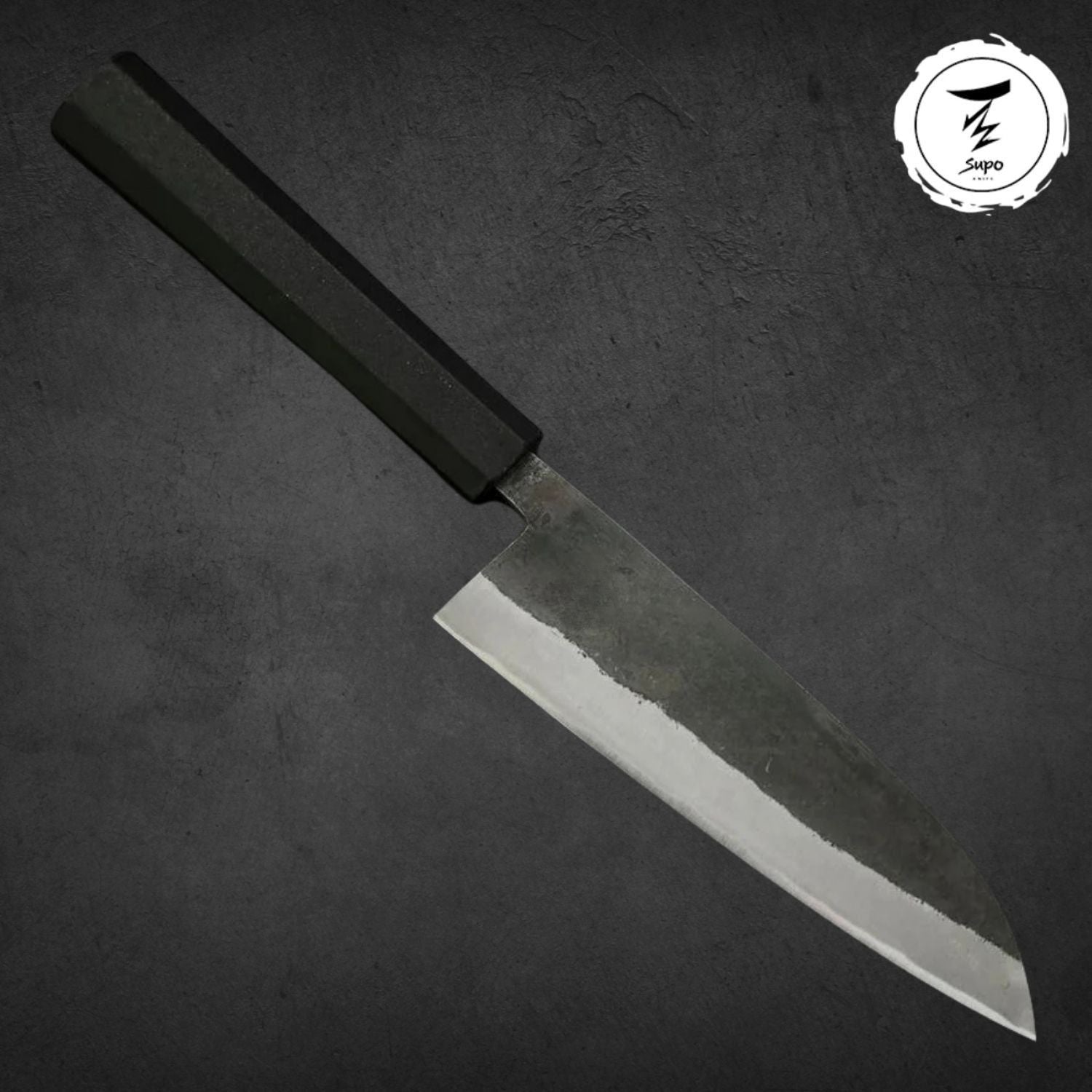 165mm Santoku Knife Stainless Clad Blue Steel #2 Kurouchi Rubber Handle